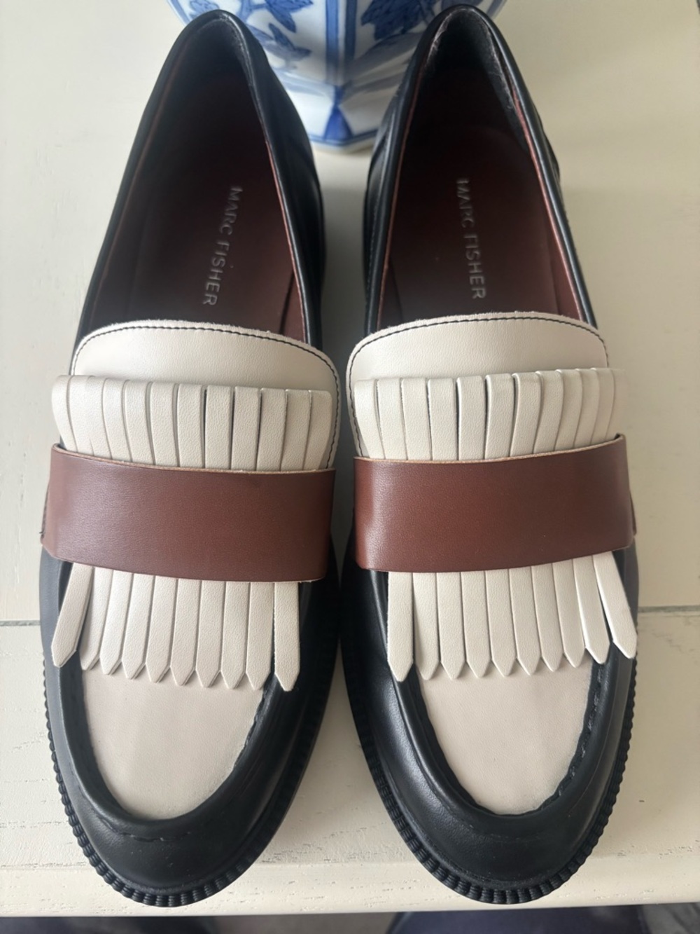 Marc Fisher women’s Black, Cream & Brown Leather Calixy Fringe Loafers